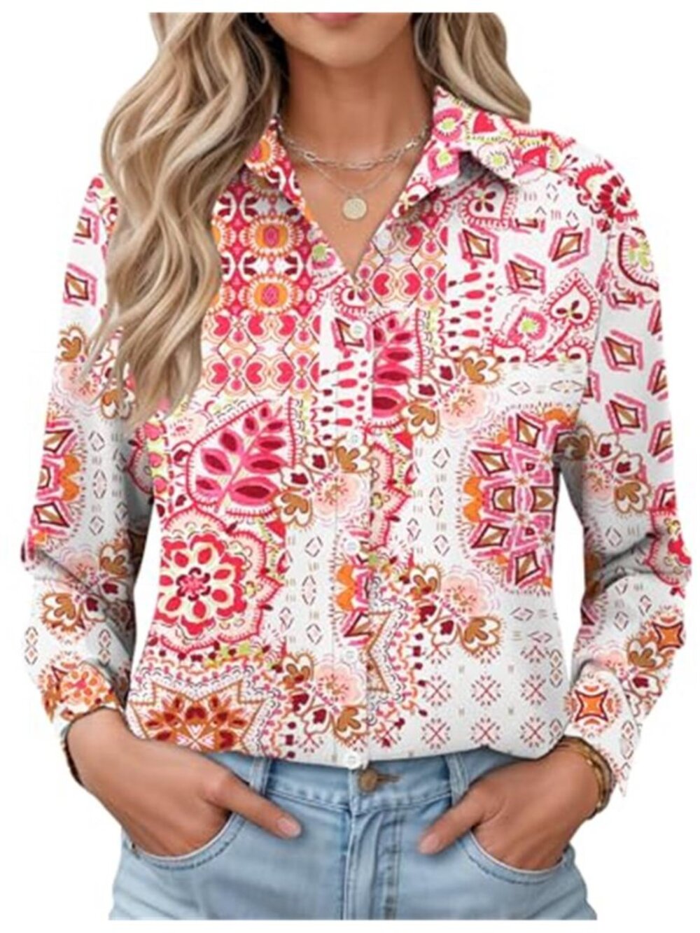 Womens Floral Cotton Linen Button Down Shirt Loose Casual Long Sleeve Blouse